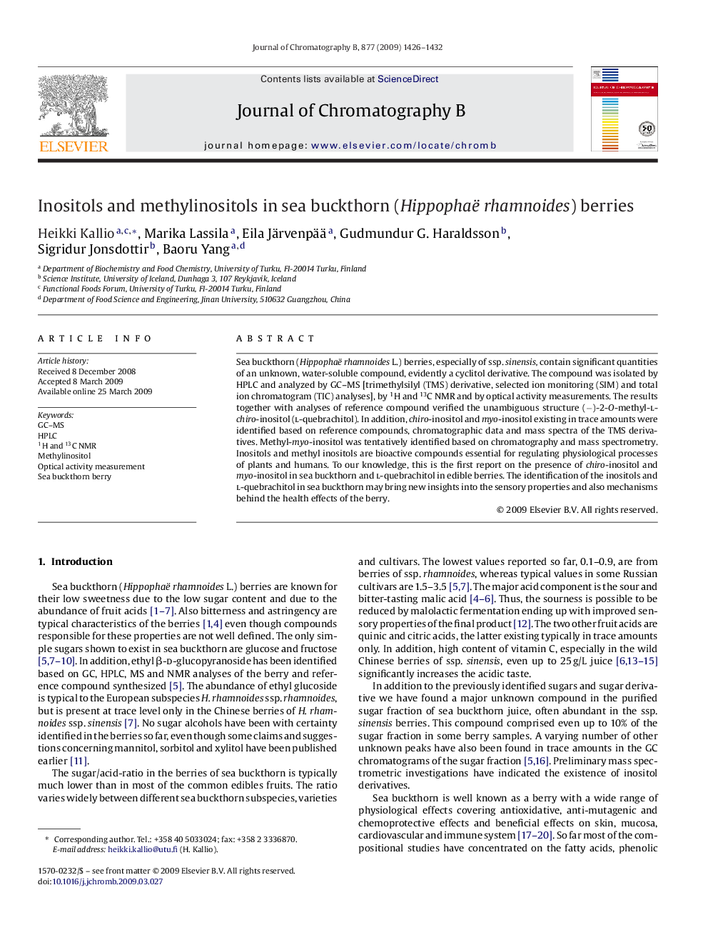 Inositols and methylinositols in sea buckthorn (Hippophaë rhamnoides) berries