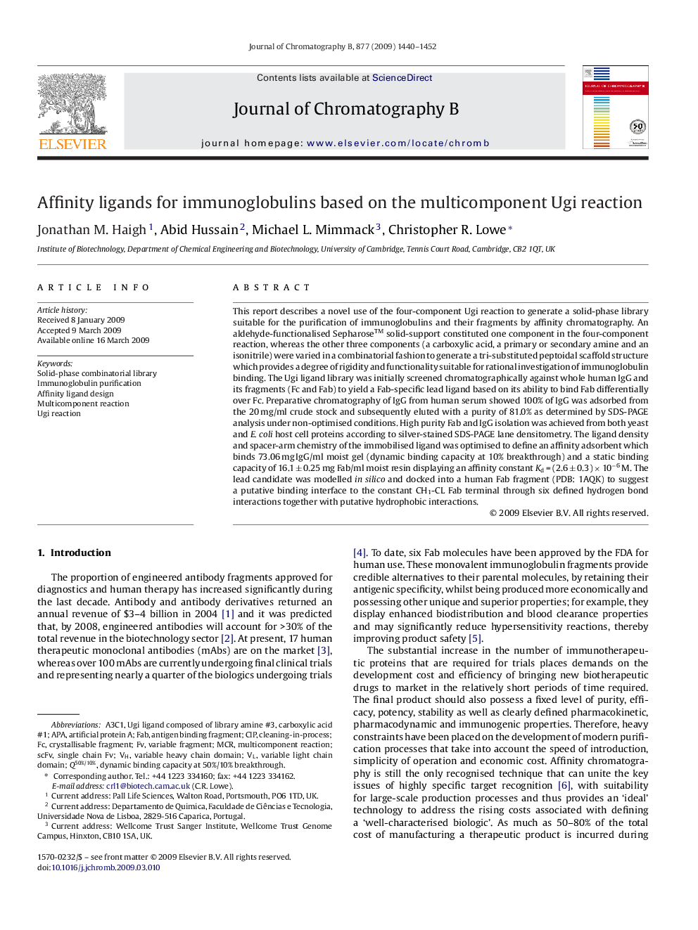 Affinity ligands for immunoglobulins based on the multicomponent Ugi reaction