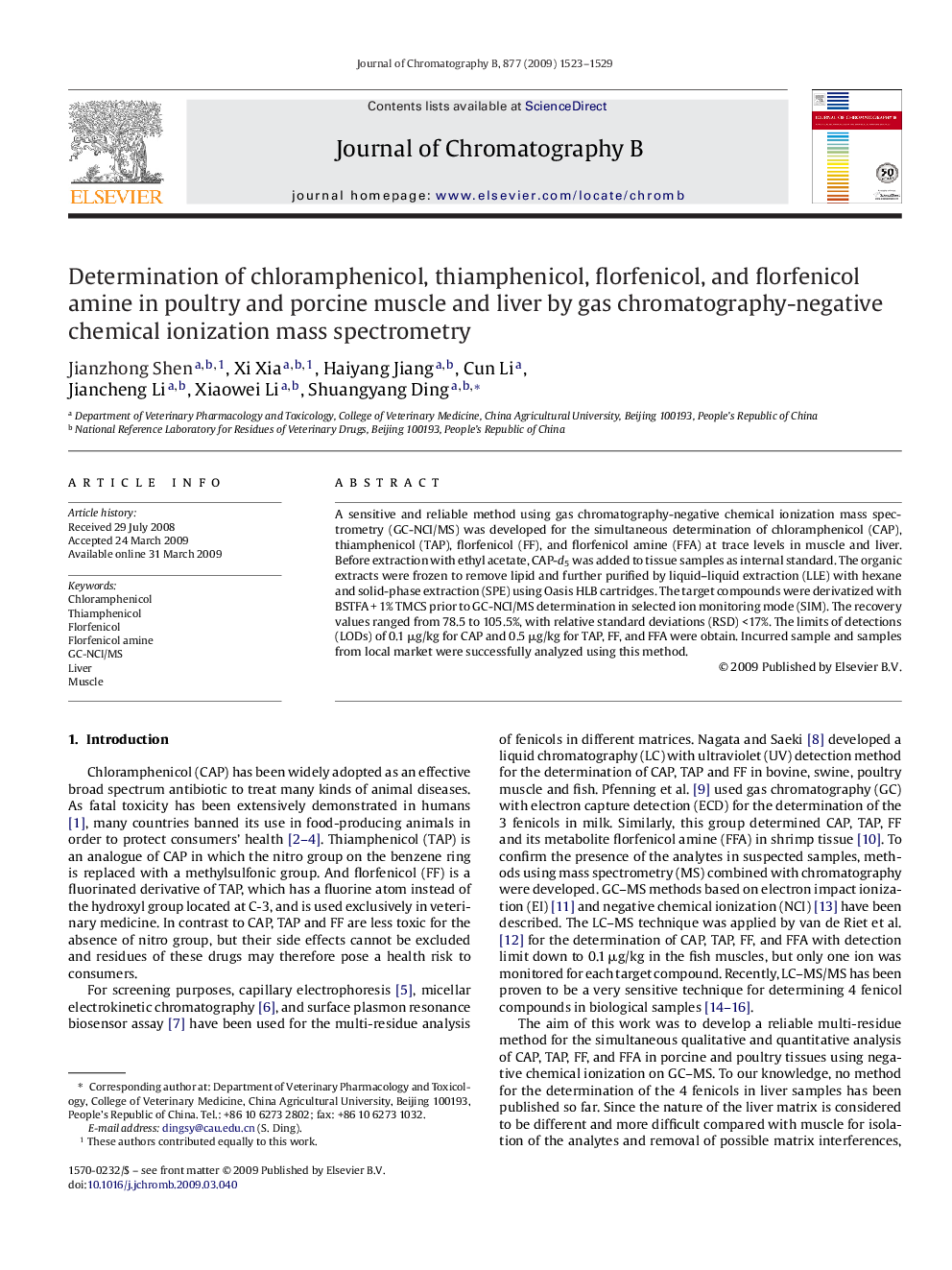 Determination of chloramphenicol, thiamphenicol, florfenicol, and florfenicol amine in poultry and porcine muscle and liver by gas chromatography-negative chemical ionization mass spectrometry