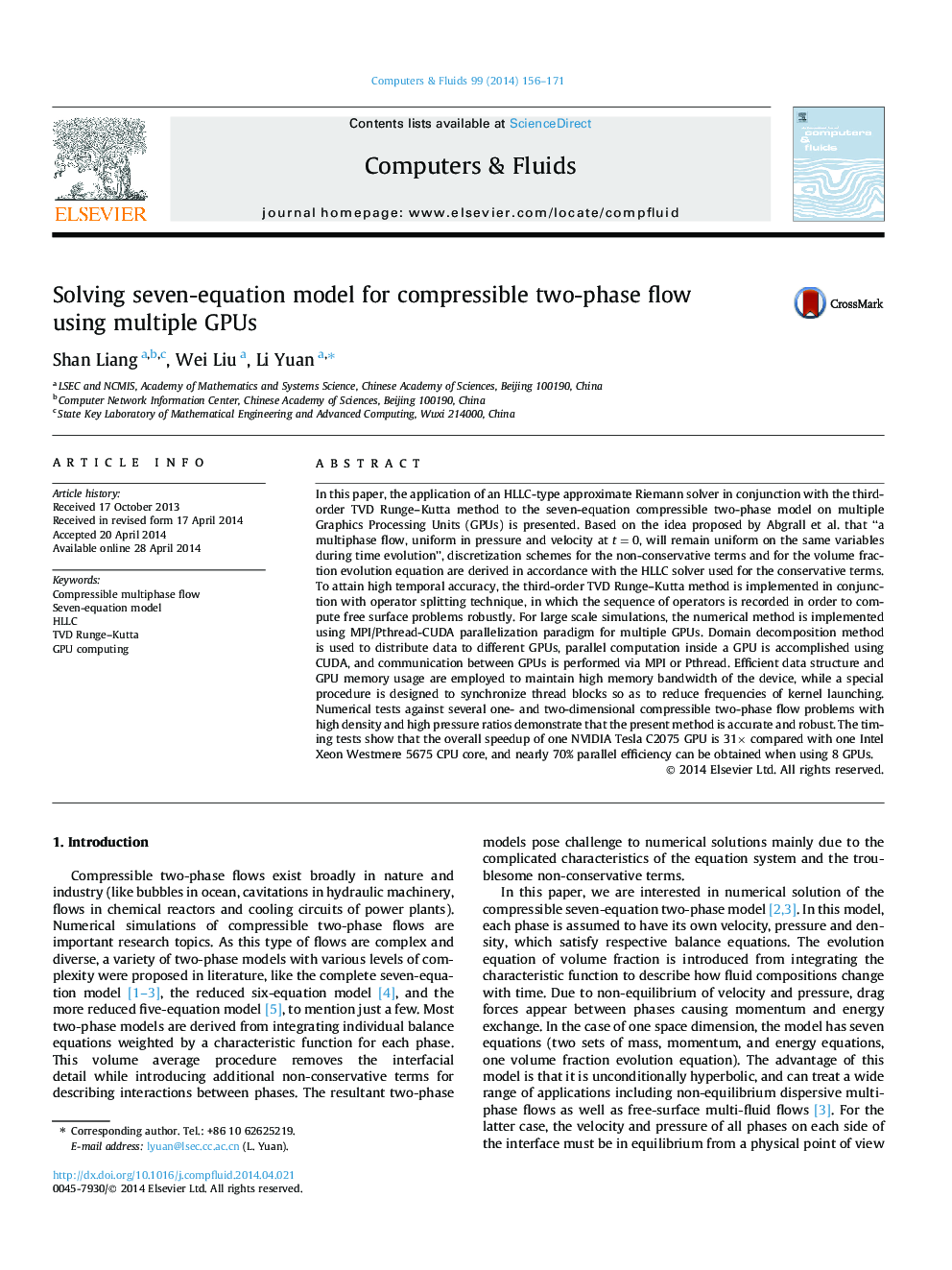 Solving seven-equation model for compressible two-phase flow using multiple GPUs