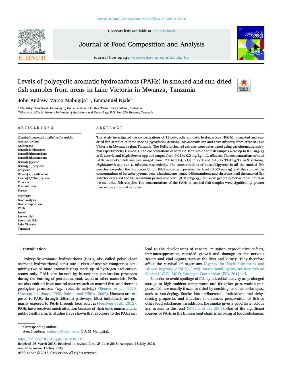 Levels of polycyclic aromatic hydrocarbons (PAHs) in smoked and sun-dried fish samples from areas in Lake Victoria in Mwanza, Tanzania