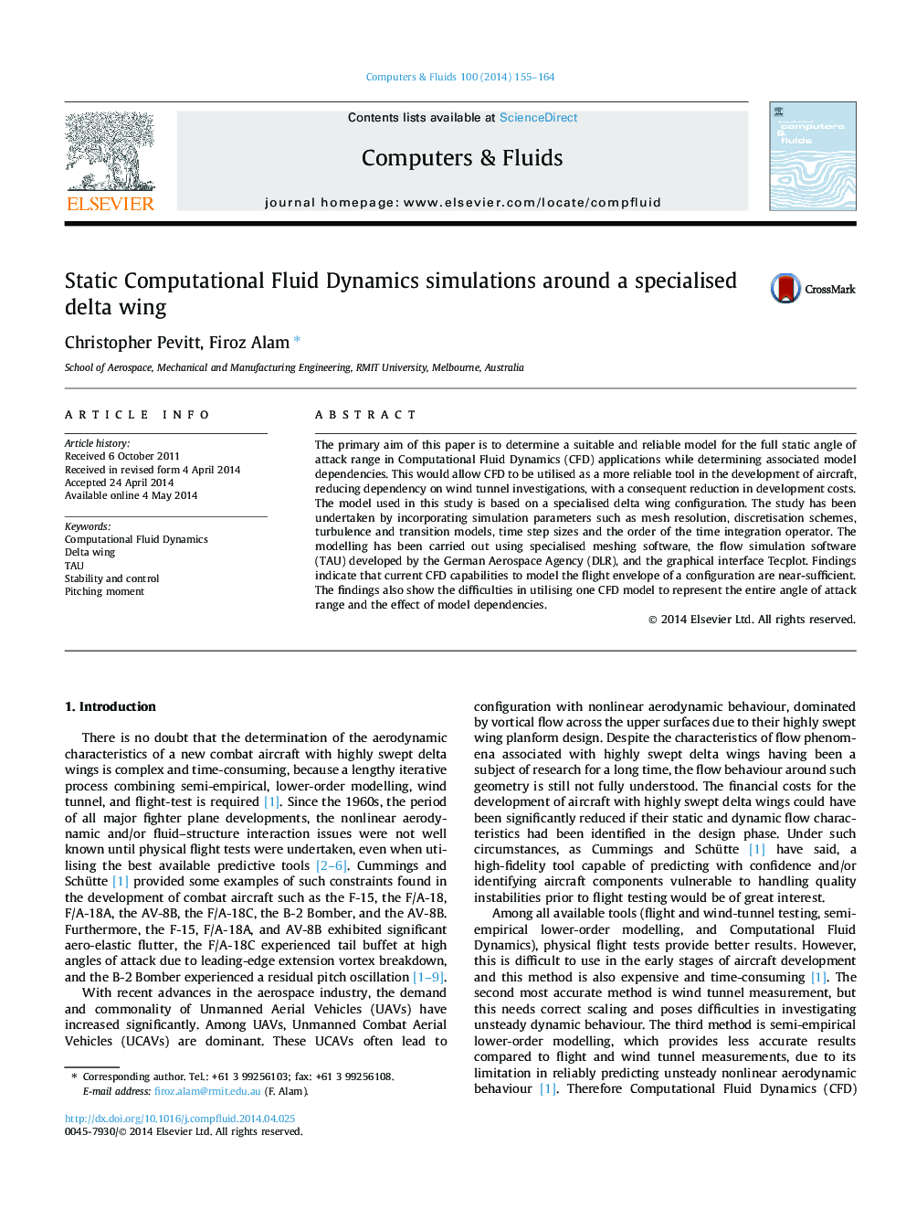 Static Computational Fluid Dynamics simulations around a specialised delta wing