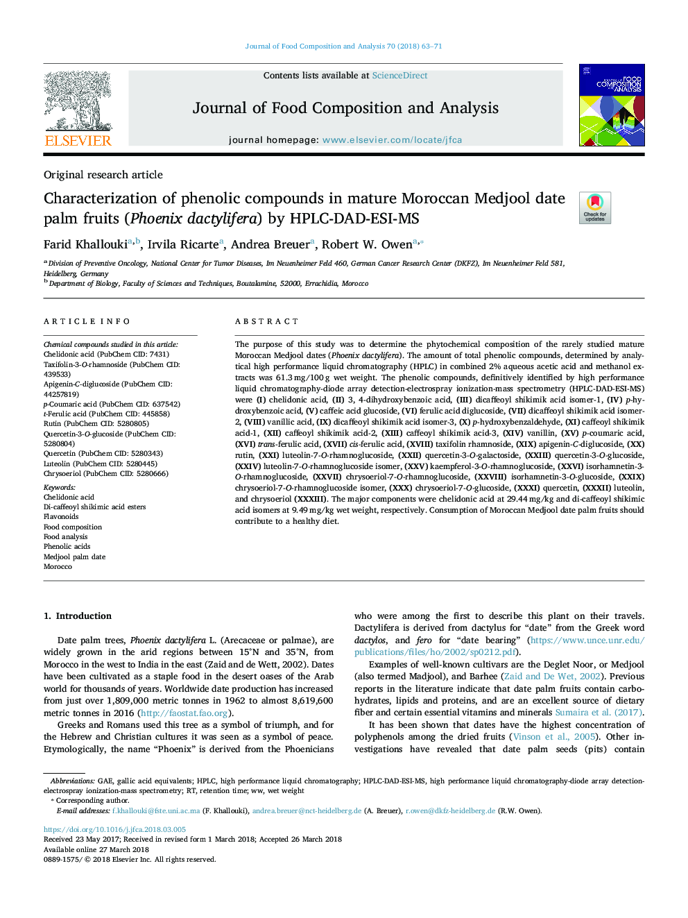 Characterization of phenolic compounds in mature Moroccan Medjool date palm fruits (Phoenix dactylifera) by HPLC-DAD-ESI-MS