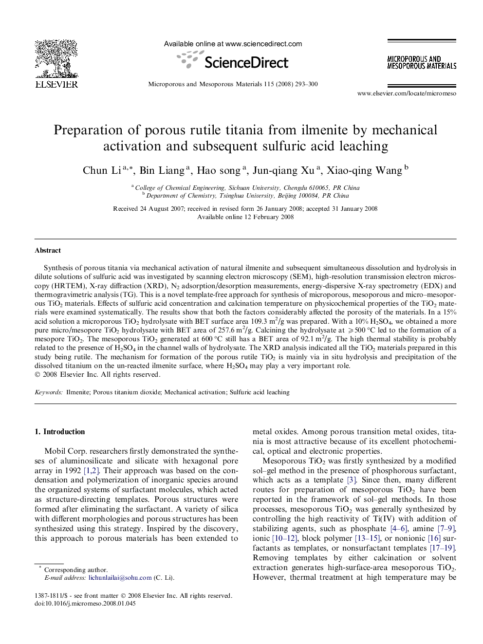 Preparation of porous rutile titania from ilmenite by mechanical activation and subsequent sulfuric acid leaching