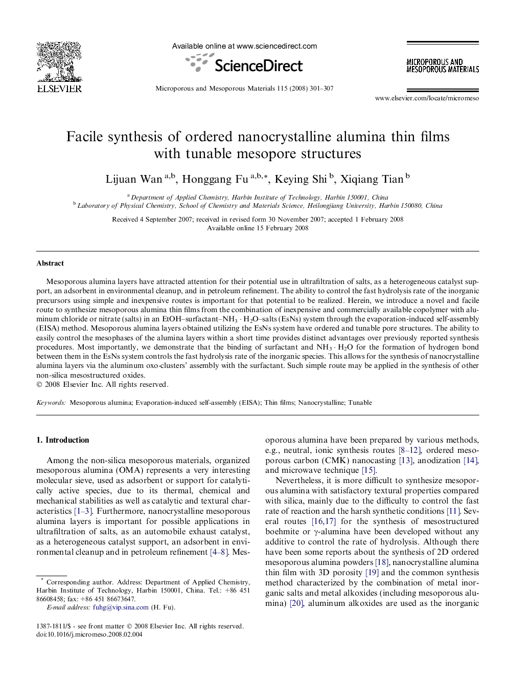 Facile synthesis of ordered nanocrystalline alumina thin films with tunable mesopore structures