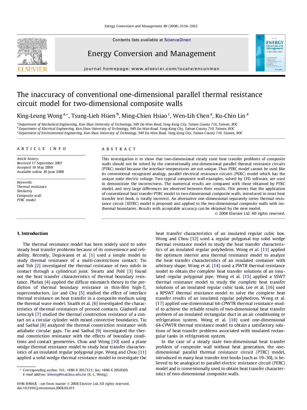 The inaccuracy of conventional one-dimensional parallel thermal resistance circuit model for two-dimensional composite walls