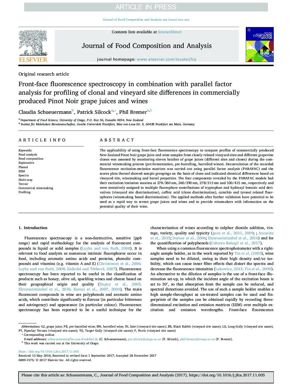 Front-face fluorescence spectroscopy in combination with parallel factor analysis for profiling of clonal and vineyard site differences in commercially produced Pinot Noir grape juices and wines