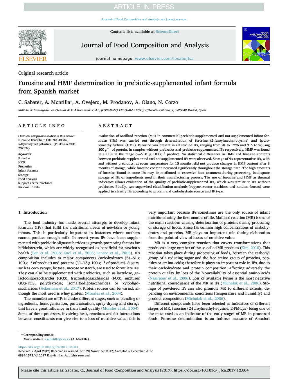 Furosine and HMF determination in prebiotic-supplemented infant formula from Spanish market