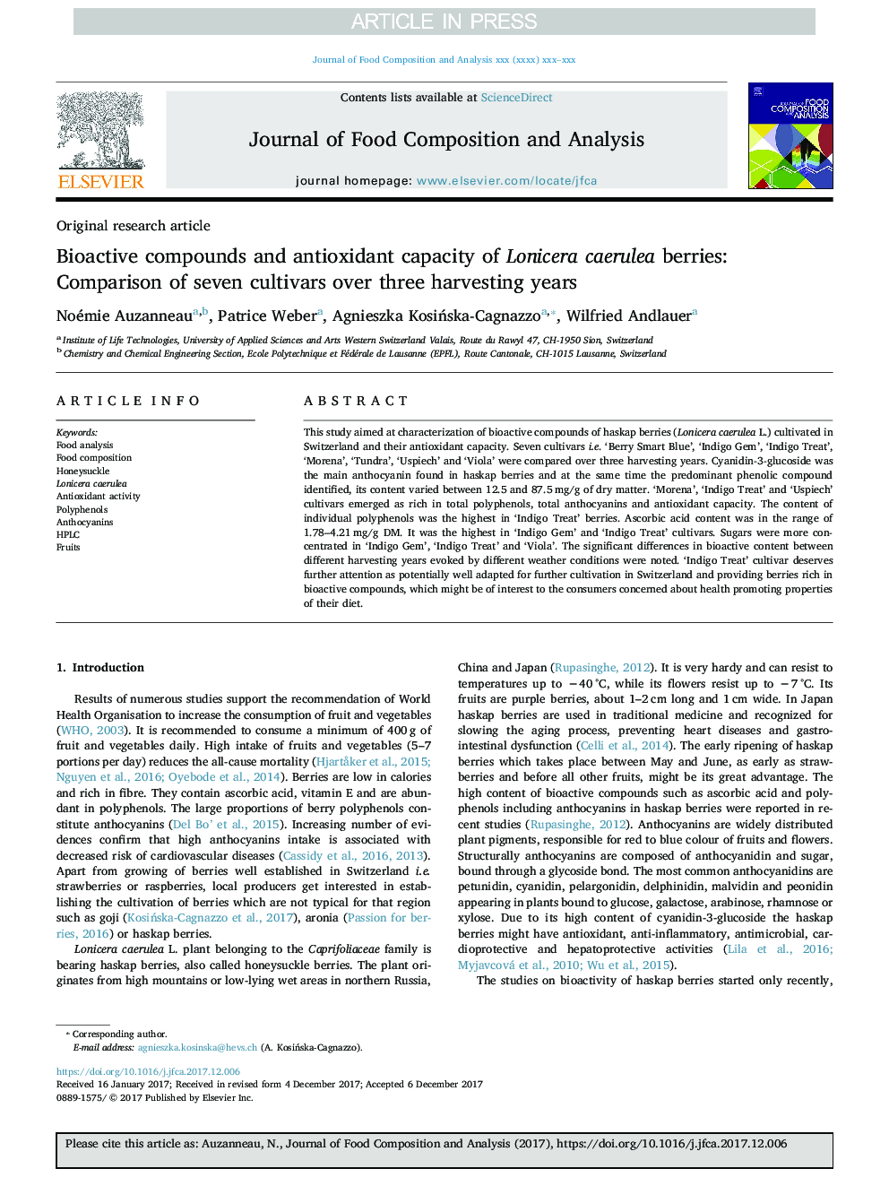 Bioactive compounds and antioxidant capacity of Lonicera caerulea berries: Comparison of seven cultivars over three harvesting years