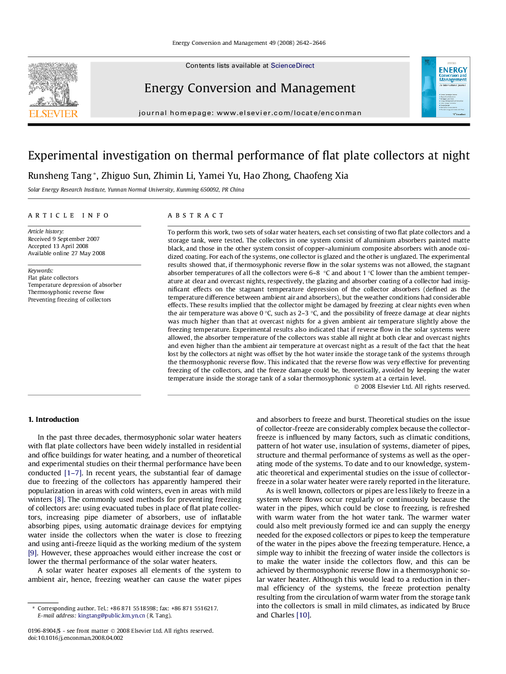 Experimental investigation on thermal performance of flat plate collectors at night