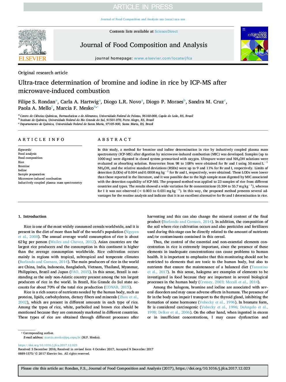 Ultra-trace determination of bromine and iodine in rice by ICP-MS after microwave-induced combustion