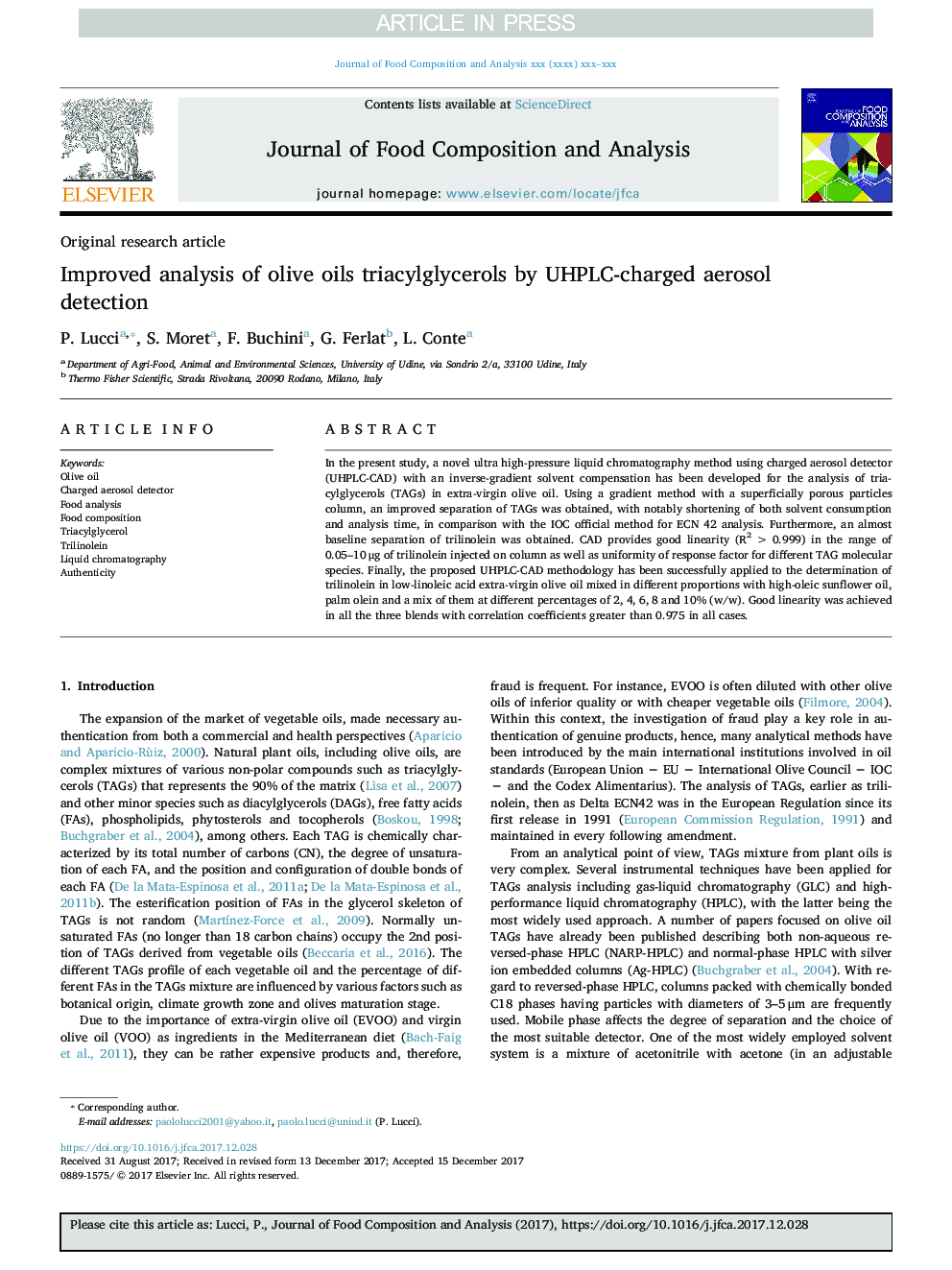 Improved analysis of olive oils triacylglycerols by UHPLC-charged aerosol detection