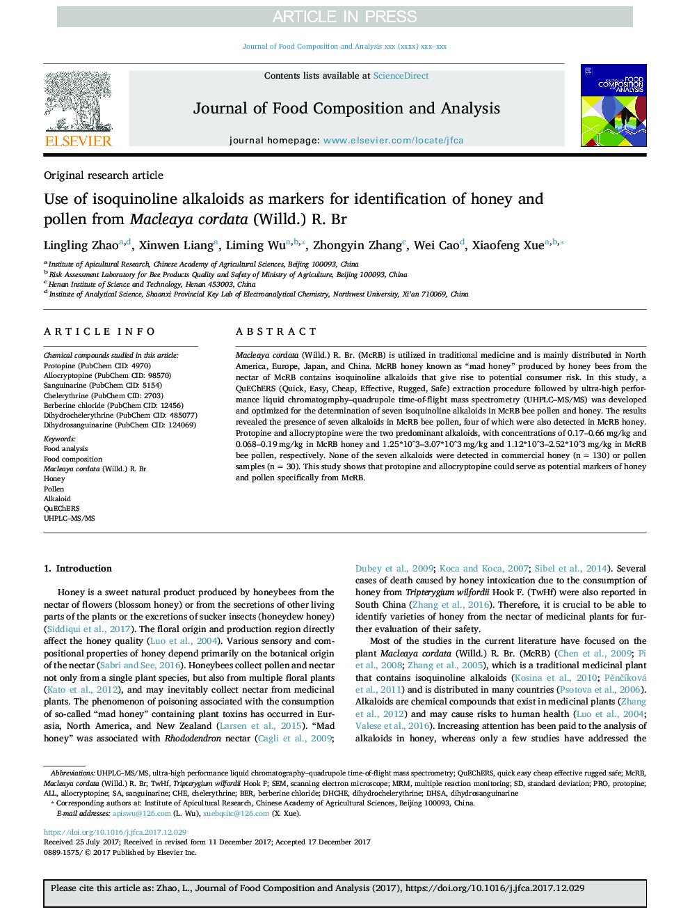 Use of isoquinoline alkaloids as markers for identification of honey and pollen from Macleaya cordata (Willd.) R. Br