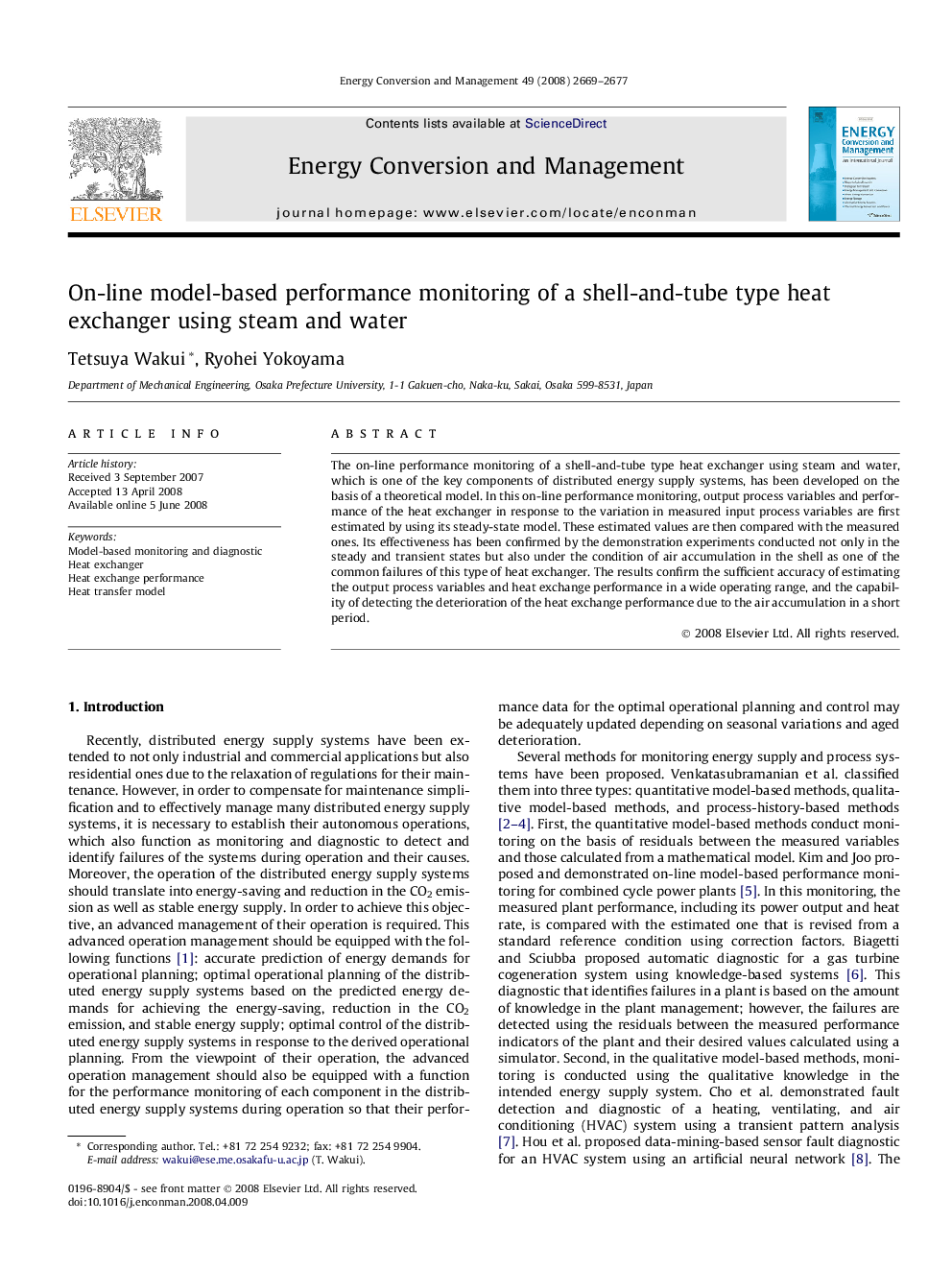 On-line model-based performance monitoring of a shell-and-tube type heat exchanger using steam and water