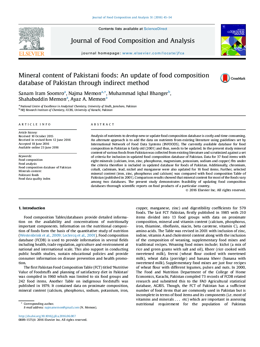 Mineral content of Pakistani foods: An update of food composition database of Pakistan through indirect method