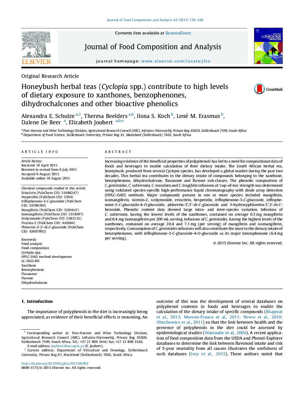 Honeybush herbal teas (Cyclopia spp.) contribute to high levels of dietary exposure to xanthones, benzophenones, dihydrochalcones and other bioactive phenolics