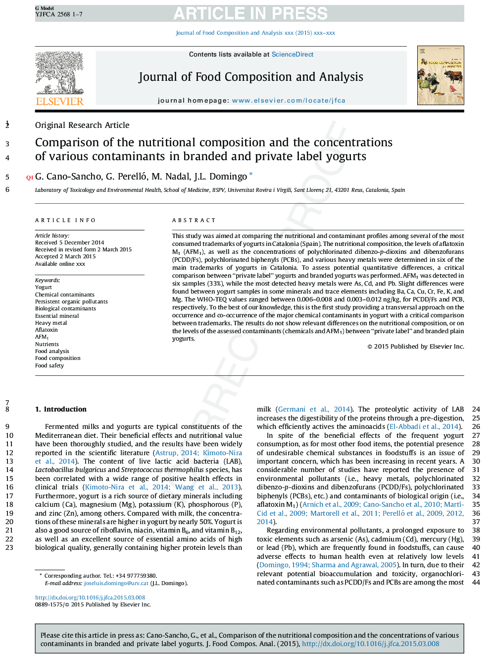 Comparison of the nutritional composition and the concentrations of various contaminants in branded and private label yogurts