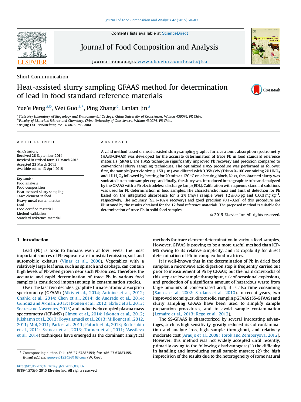 Heat-assisted slurry sampling GFAAS method for determination of lead in food standard reference materials