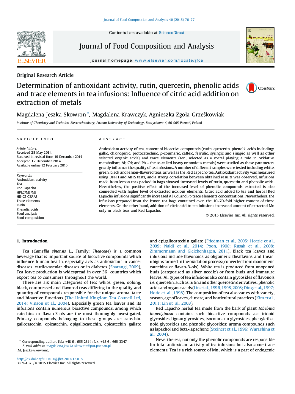 Determination of antioxidant activity, rutin, quercetin, phenolic acids and trace elements in tea infusions: Influence of citric acid addition on extraction of metals