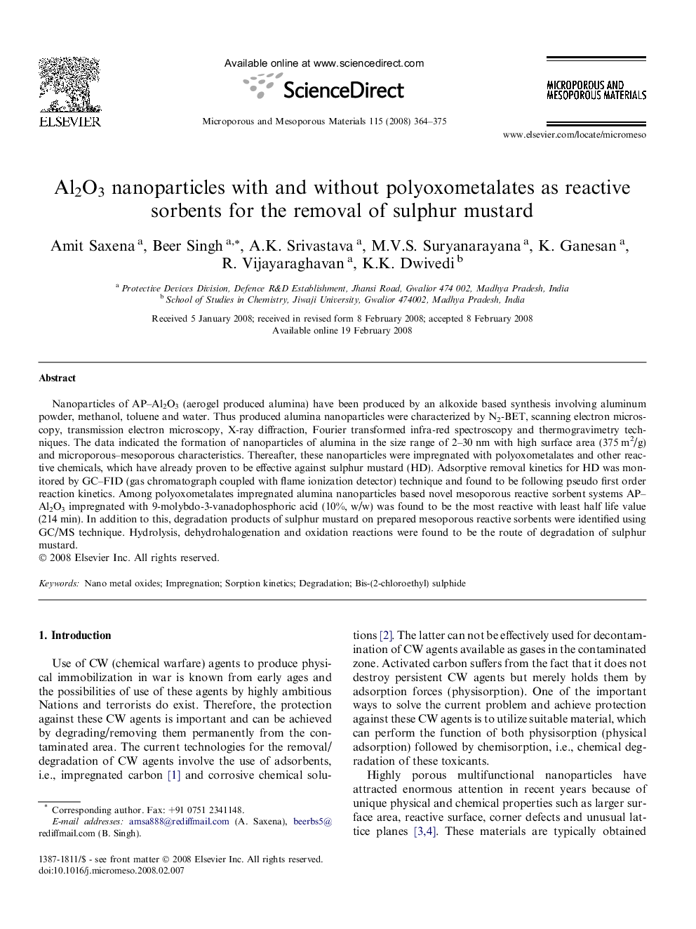 Al2O3 nanoparticles with and without polyoxometalates as reactive sorbents for the removal of sulphur mustard