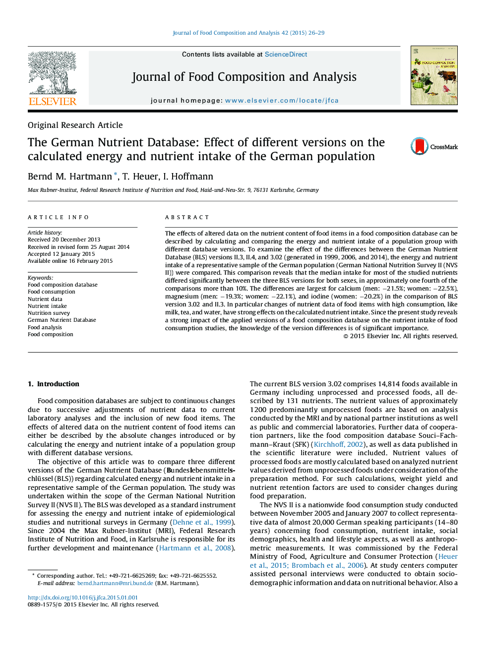 The German Nutrient Database: Effect of different versions on the calculated energy and nutrient intake of the German population