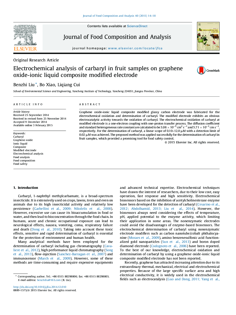 Electrochemical analysis of carbaryl in fruit samples on graphene oxide-ionic liquid composite modified electrode