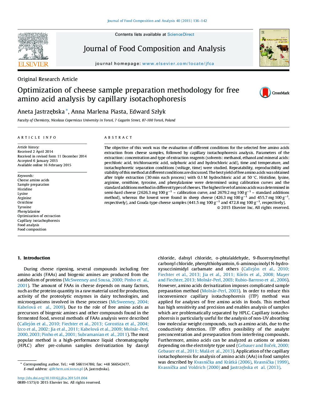 Optimization of cheese sample preparation methodology for free amino acid analysis by capillary isotachophoresis