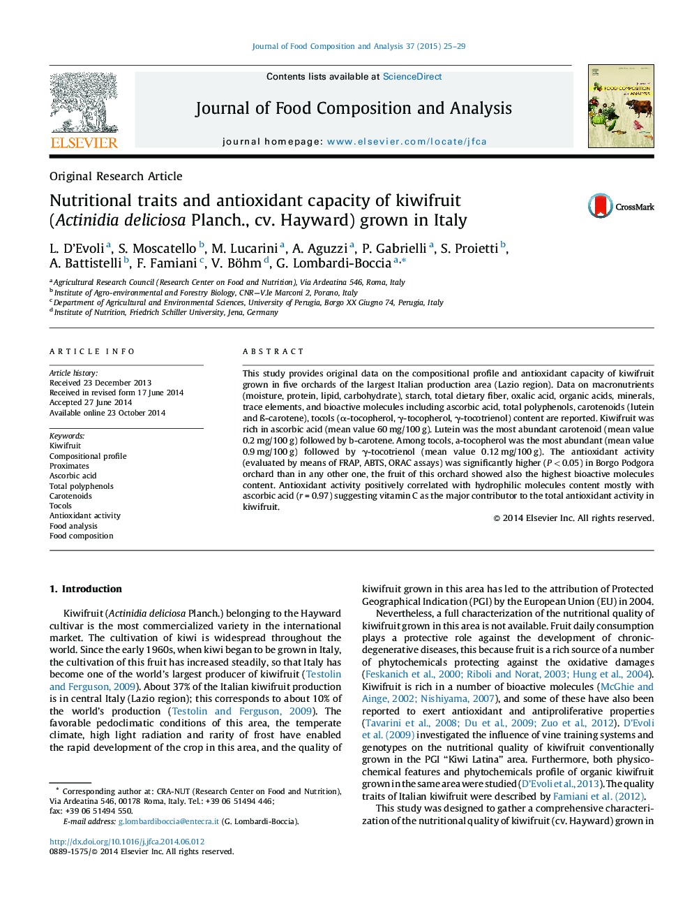 Nutritional traits and antioxidant capacity of kiwifruit (Actinidia deliciosa Planch., cv. Hayward) grown in Italy