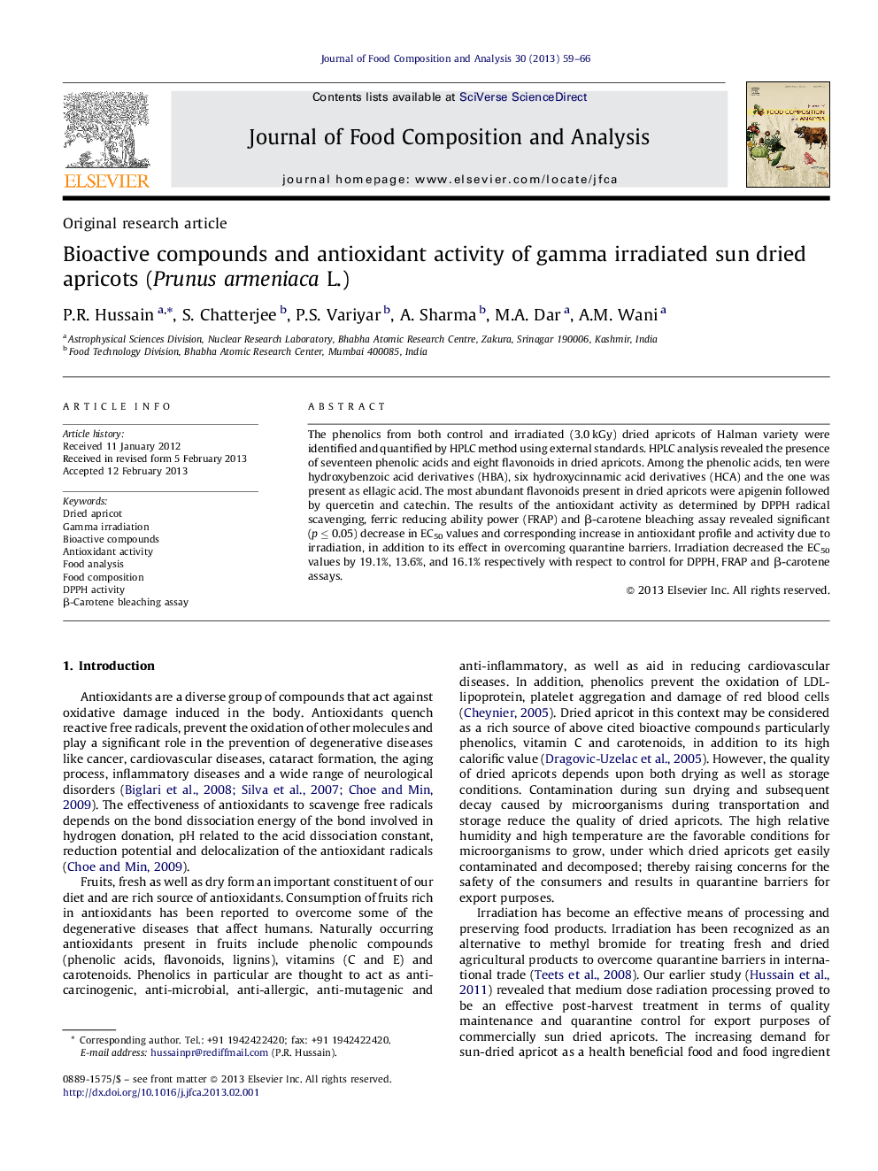 Bioactive compounds and antioxidant activity of gamma irradiated sun dried apricots (Prunus armeniaca L.)