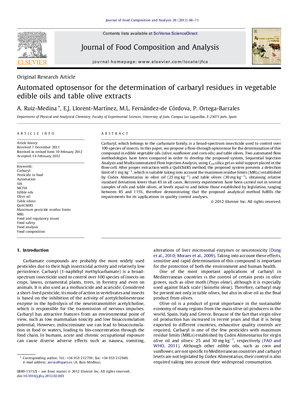 Automated optosensor for the determination of carbaryl residues in vegetable edible oils and table olive extracts