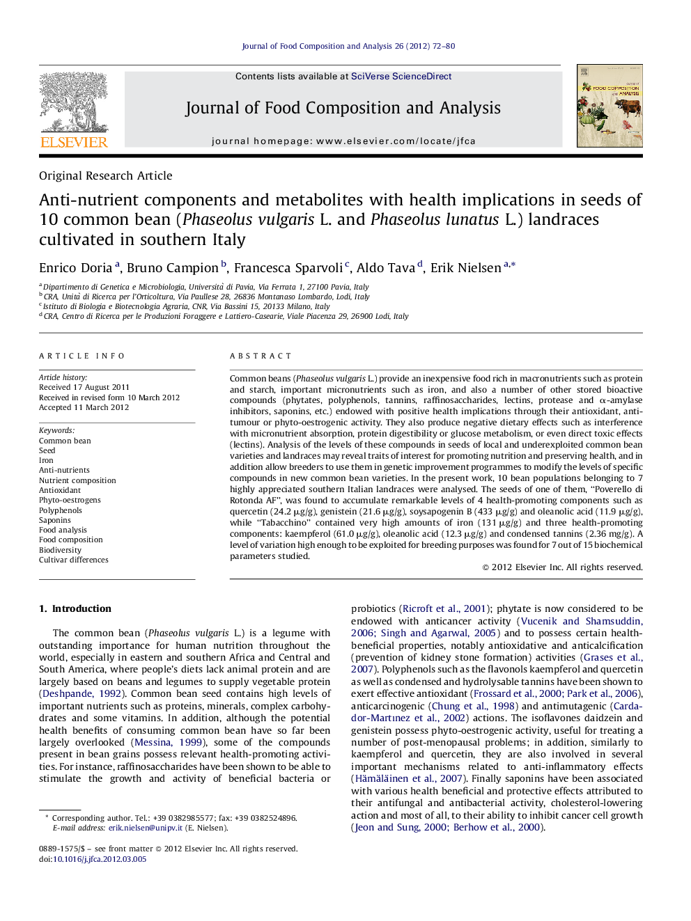 Anti-nutrient components and metabolites with health implications in seeds of 10 common bean (Phaseolus vulgaris L. and Phaseolus lunatus L.) landraces cultivated in southern Italy