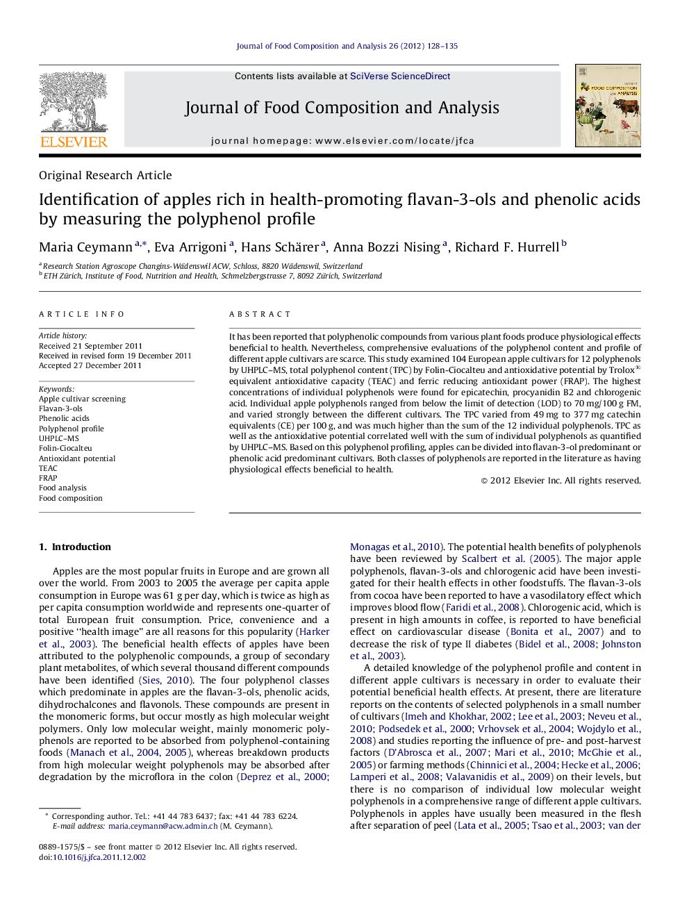 Identification of apples rich in health-promoting flavan-3-ols and phenolic acids by measuring the polyphenol profile