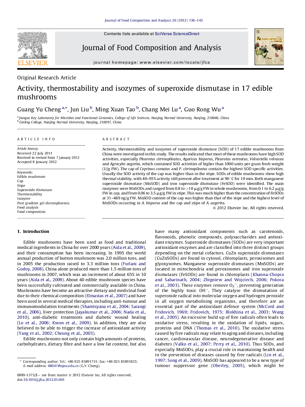 Activity, thermostability and isozymes of superoxide dismutase in 17 edible mushrooms