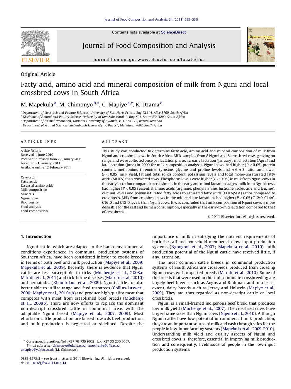 Fatty acid, amino acid and mineral composition of milk from Nguni and local crossbred cows in South Africa