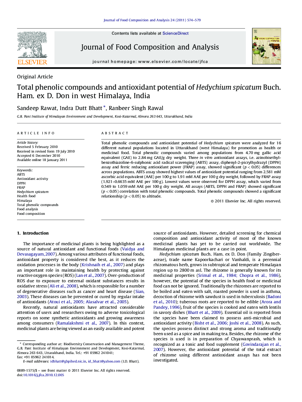 Total phenolic compounds and antioxidant potential of Hedychium spicatum Buch. Ham. ex D. Don in west Himalaya, India