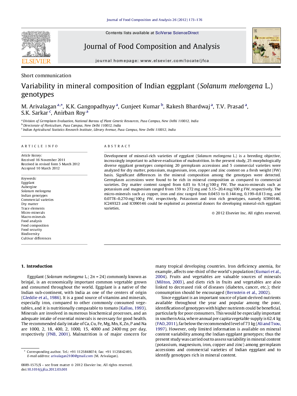 Variability in mineral composition of Indian eggplant (Solanum melongena L.) genotypes