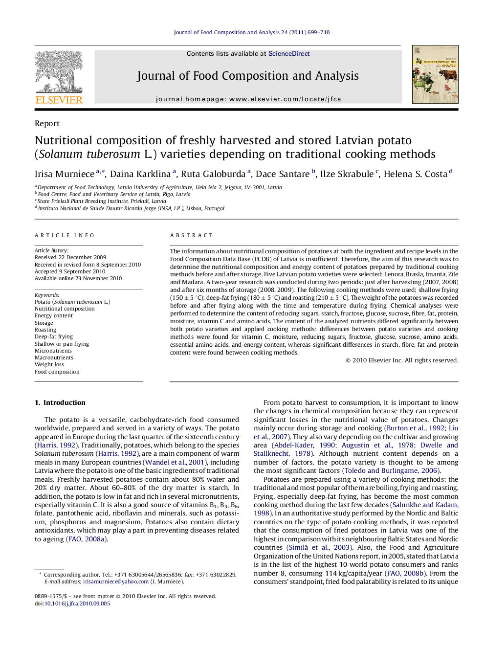 Nutritional composition of freshly harvested and stored Latvian potato (Solanum tuberosum L.) varieties depending on traditional cooking methods