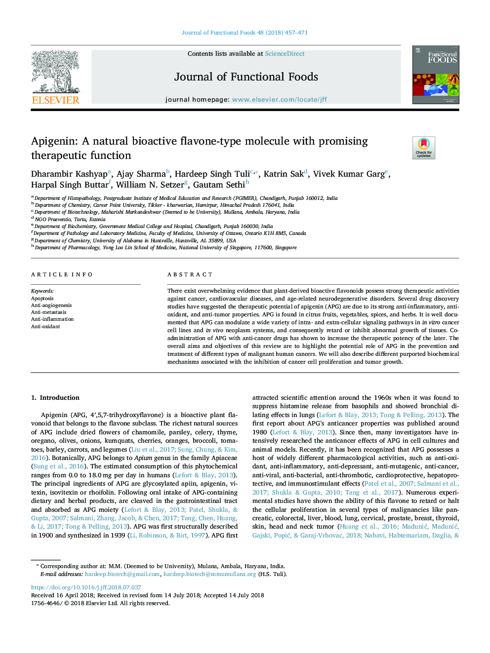 Apigenin: A natural bioactive flavone-type molecule with promising therapeutic function