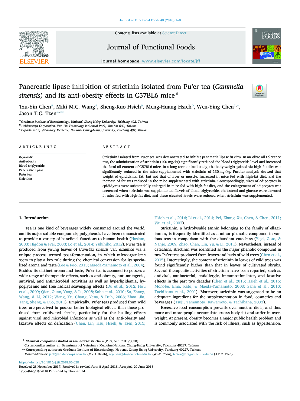 Pancreatic lipase inhibition of strictinin isolated from Pu'er tea (Cammelia sinensis) and its anti-obesity effects in C57BL6 mice