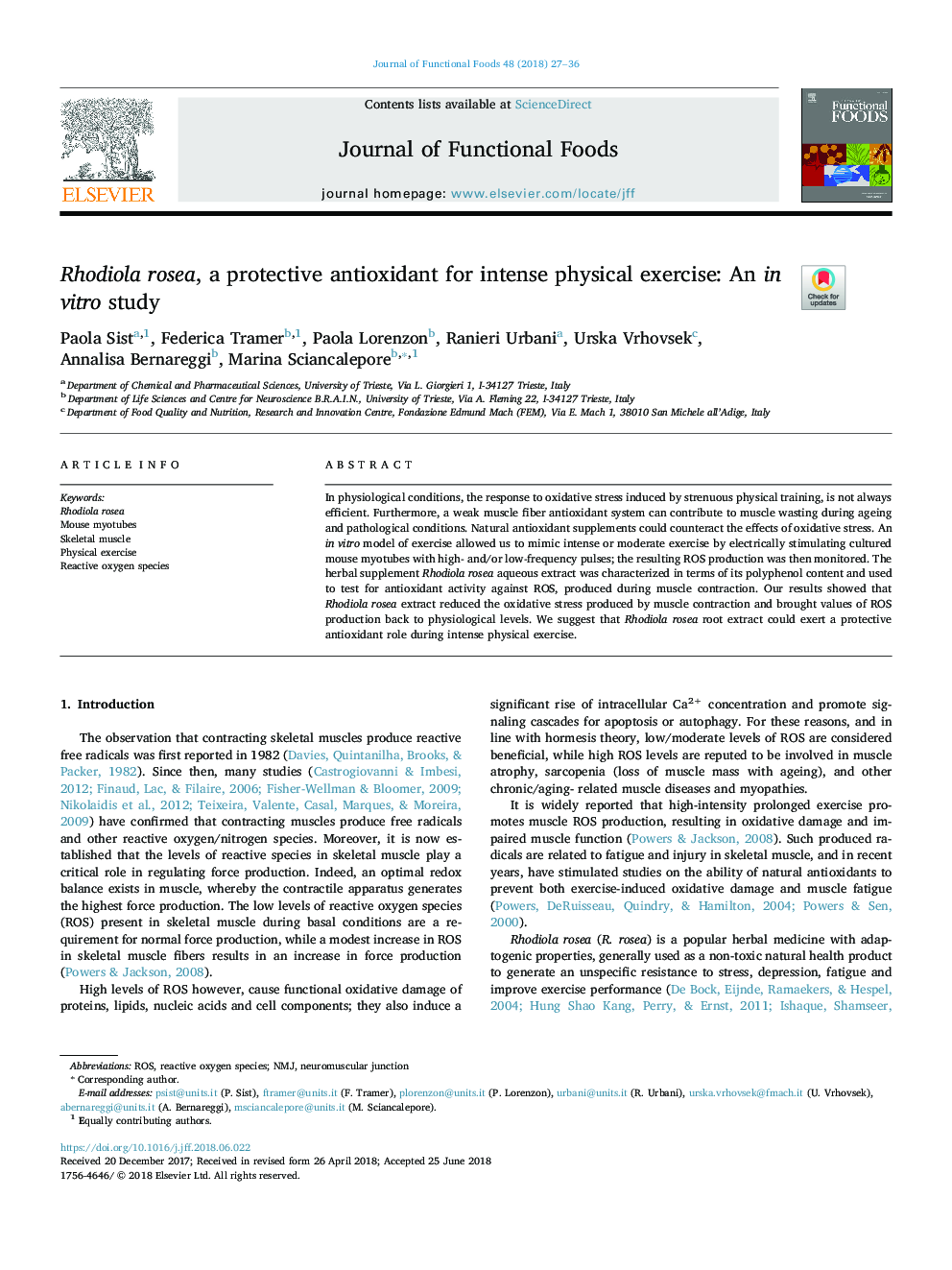 Rhodiola rosea, a protective antioxidant for intense physical exercise: An in vitro study