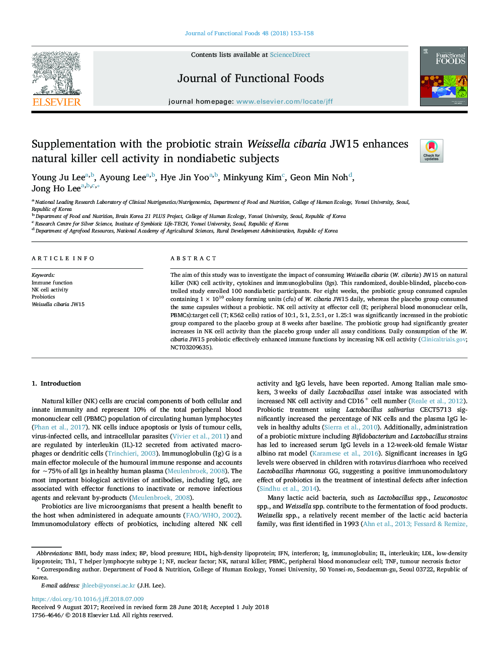 Supplementation with the probiotic strain Weissella cibaria JW15 enhances natural killer cell activity in nondiabetic subjects