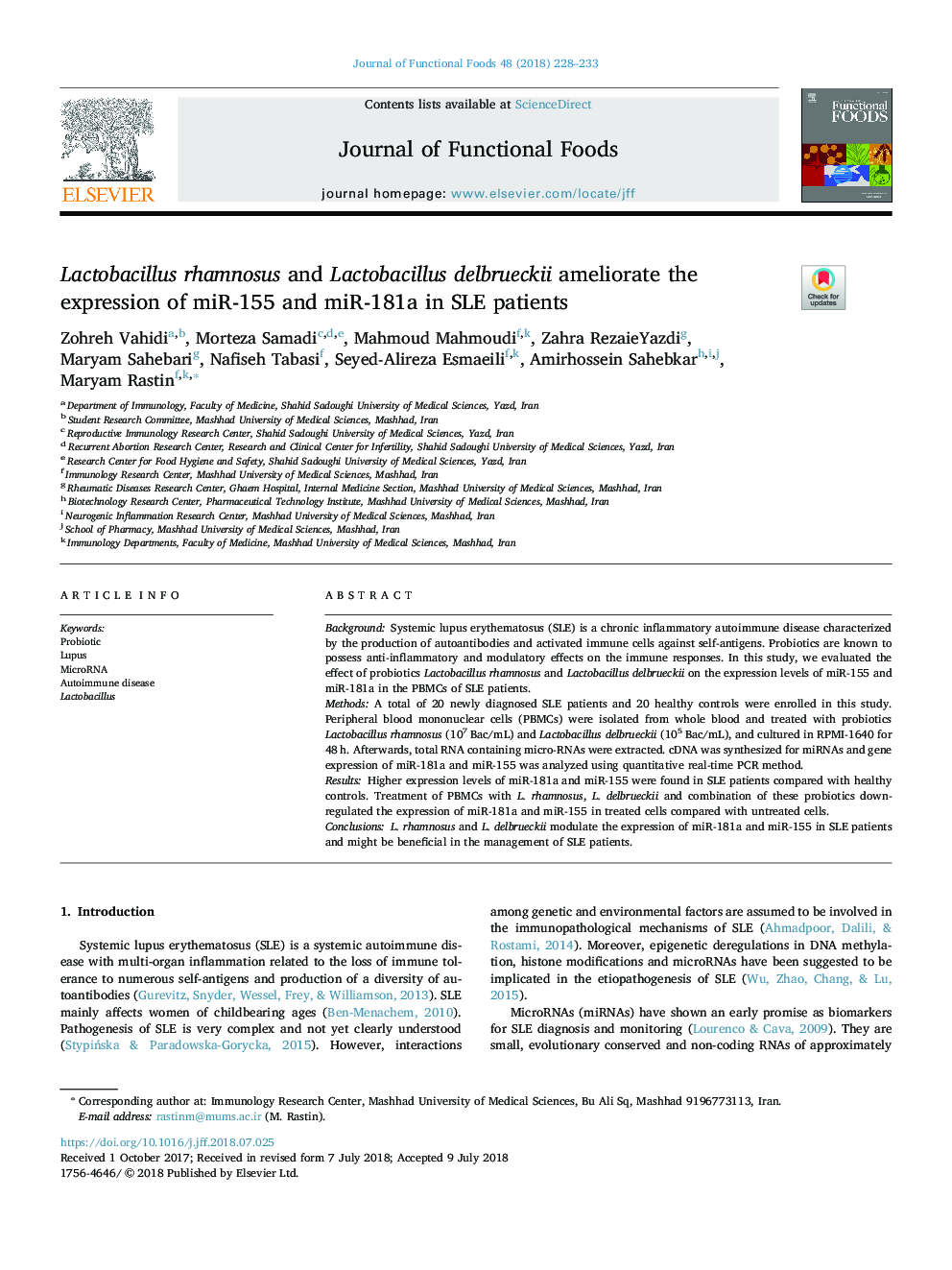 Lactobacillus rhamnosus and Lactobacillus delbrueckii ameliorate the expression of miR-155 and miR-181a in SLE patients