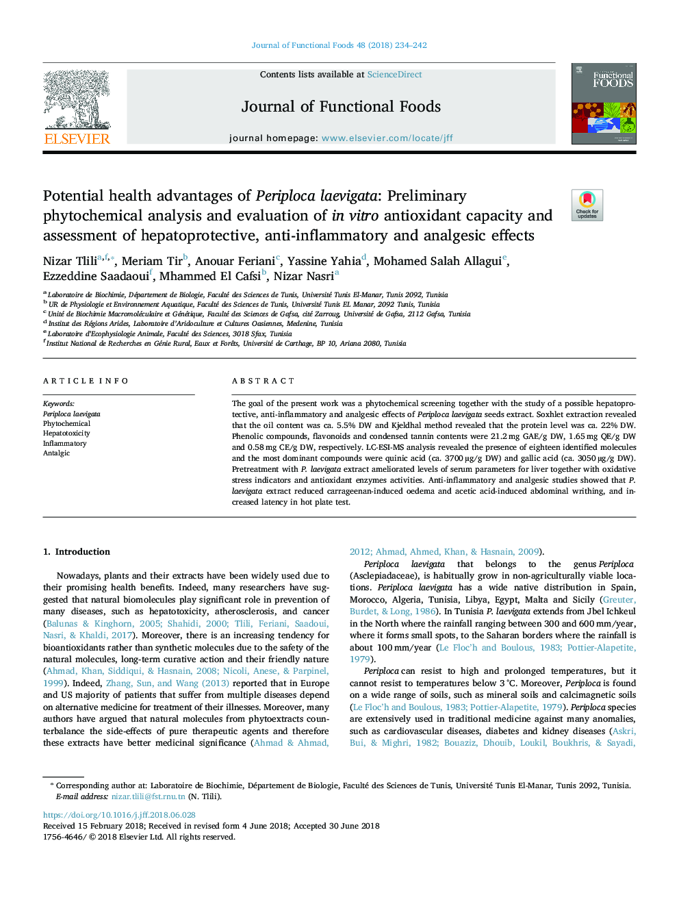 Potential health advantages of Periploca laevigata: Preliminary phytochemical analysis and evaluation of in vitro antioxidant capacity and assessment of hepatoprotective, anti-inflammatory and analgesic effects