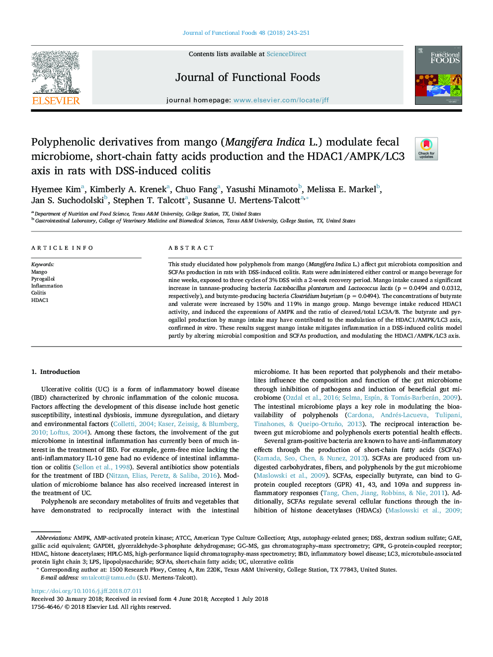 Polyphenolic derivatives from mango (Mangifera Indica L.) modulate fecal microbiome, short-chain fatty acids production and the HDAC1/AMPK/LC3 axis in rats with DSS-induced colitis