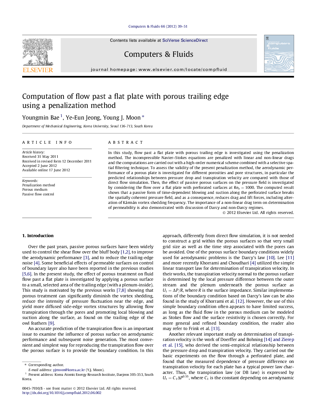 Computation of flow past a flat plate with porous trailing edge using a penalization method