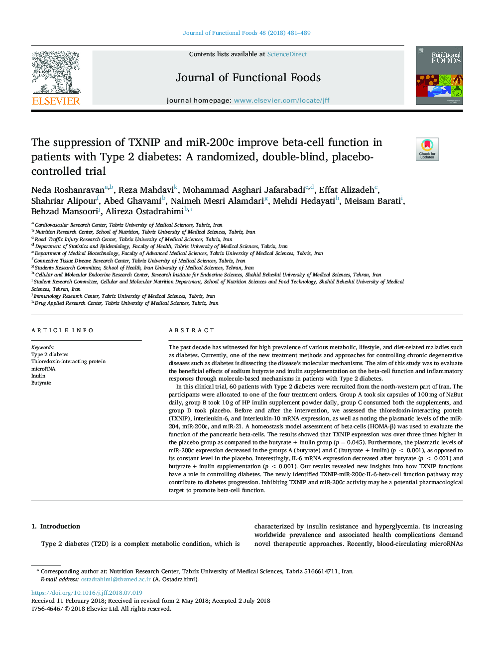 The suppression of TXNIP and miR-200c improve beta-cell function in patients with Type 2 diabetes: A randomized, double-blind, placebo-controlled trial