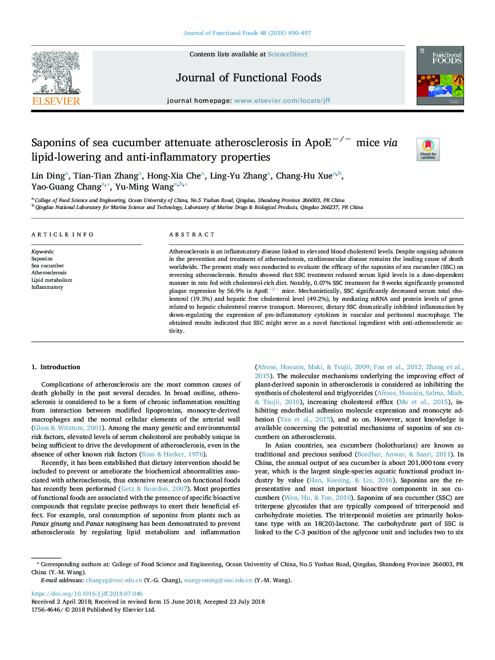 Saponins of sea cucumber attenuate atherosclerosis in ApoEâ/â mice via lipid-lowering and anti-inflammatory properties