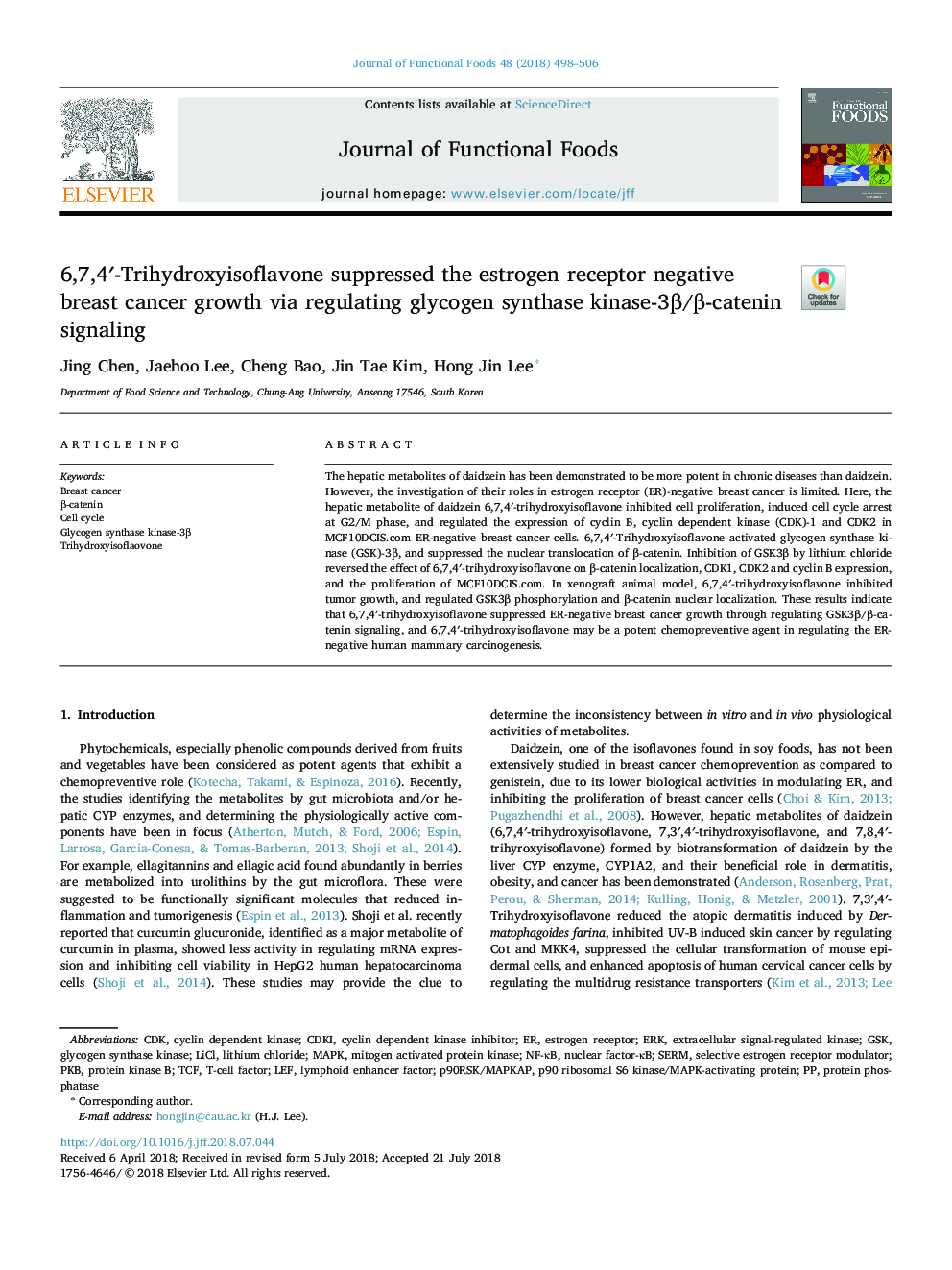 6,7,4â²-Trihydroxyisoflavone suppressed the estrogen receptor negative breast cancer growth via regulating glycogen synthase kinase-3Î²/Î²-catenin signaling