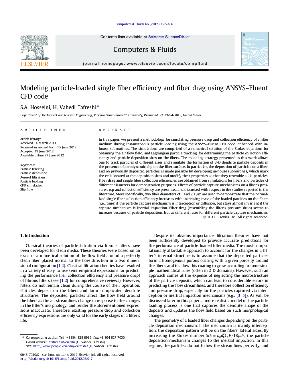 Modeling particle-loaded single fiber efficiency and fiber drag using ANSYS–Fluent CFD code