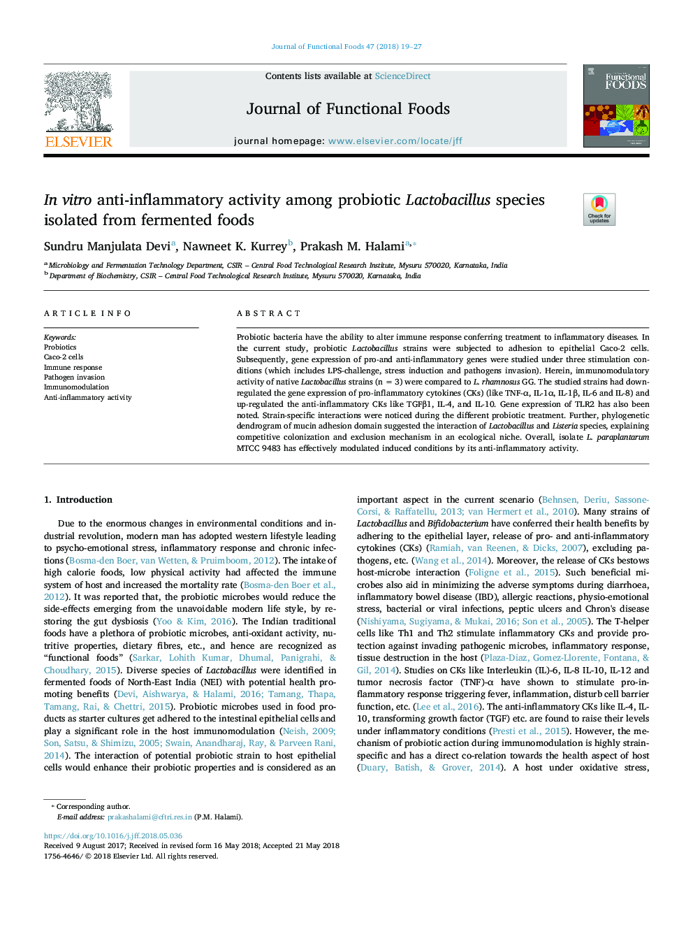 In vitro anti-inflammatory activity among probiotic Lactobacillus species isolated from fermented foods